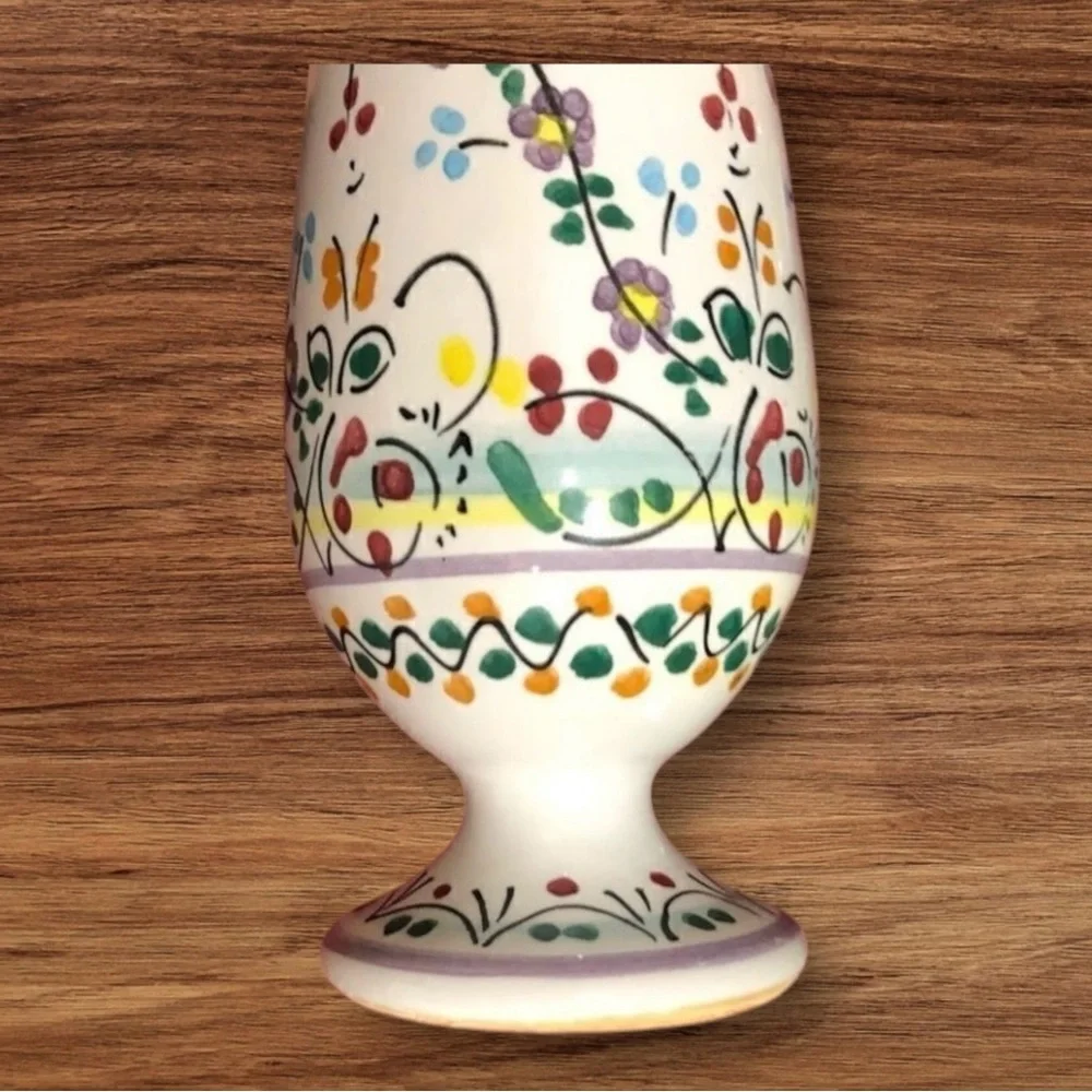 Vintage RARE CRUZ Spain Bohemian Floral Hand Painted Set Shot 6 Cups & Bottle